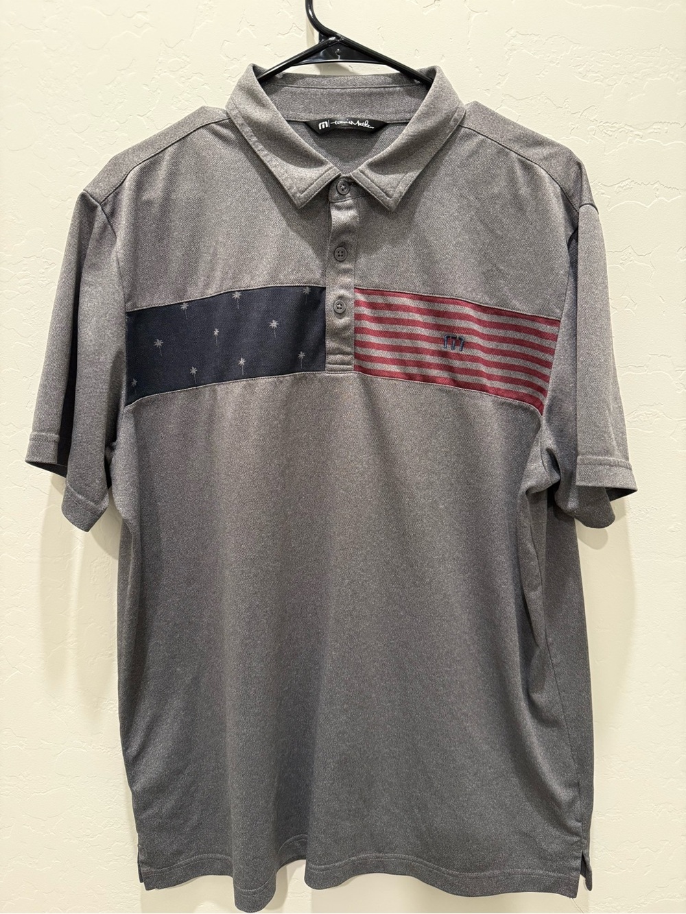 Travis Mathew Gray Polo with Navy and Burgundy Flag Panel